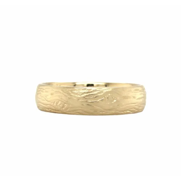 14k yellow gold 6mm heavy comfort fit hand carved tree bark design with a light matte finish Hudson Valley Goldsmith New Paltz, NY