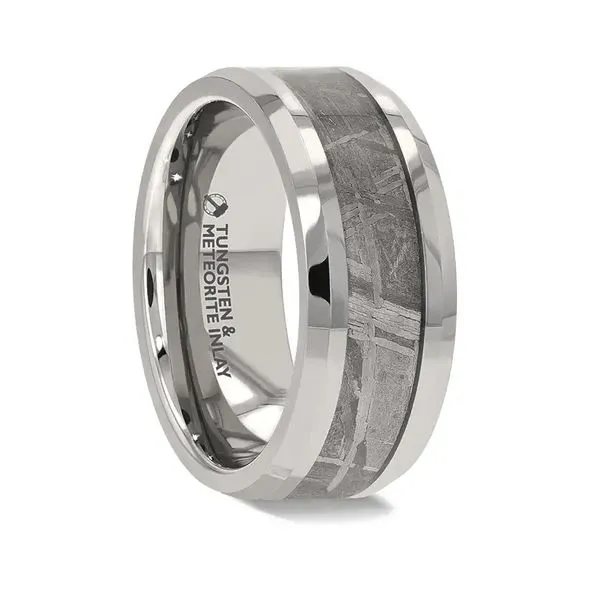 This men's wedding band features a celestial design with a tungsten carbide ring, beveled edges, and a meteorite inlay. The ring Image 2 Hudson Valley Goldsmith New Paltz, NY