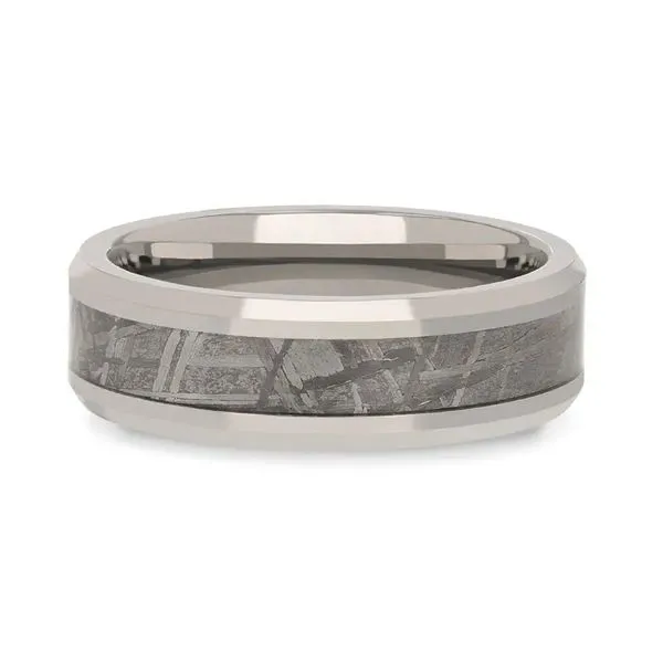 This men's wedding band features a celestial design with a tungsten carbide ring, beveled edges, and a meteorite inlay. The ring Hudson Valley Goldsmith New Paltz, NY