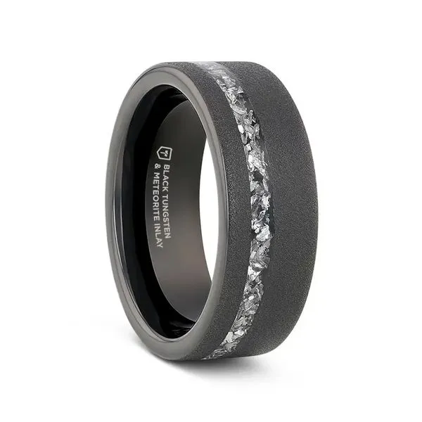 The Abyss men's wedding band is made of black tungsten and features a sandblasted finish. It has a unique design with meteorite  Image 2 Hudson Valley Goldsmith New Paltz, NY