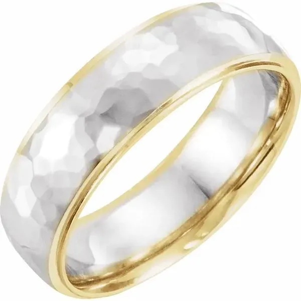 This men's wedding band is made of 14K yellow and white gold and features a 6mm half round stepped-edge band with a hammer finis Image 2 Hudson Valley Goldsmith New Paltz, NY