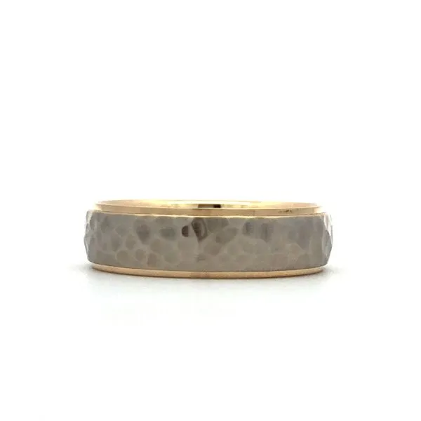 This men's wedding band is made of 14K yellow and white gold and features a 6mm half round stepped-edge band with a hammer finis Hudson Valley Goldsmith New Paltz, NY