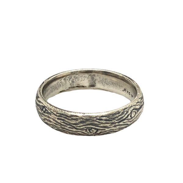 Sterling silver wood grain tree bark design band with a half round profile, comfor fit, and light patina Hudson Valley Goldsmith New Paltz, NY