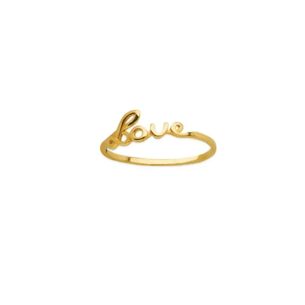 This women's fashion ring is made of 14K yellow gold. It features a script love design, making it a perfect gift for expressing  Hudson Valley Goldsmith New Paltz, NY