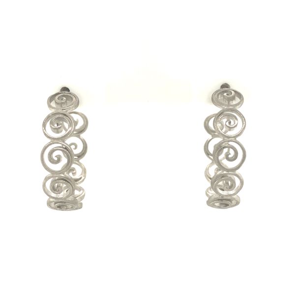 Sterling silver swirl patterned hoop earrings with friction posts and matte finished Sterling silver swirl patterned hoop earrin Hudson Valley Goldsmith New Paltz, NY