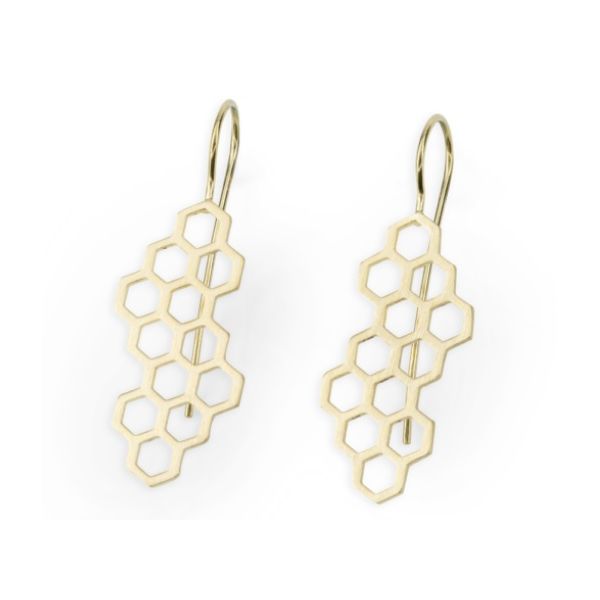Sterling silver with 18 kt gold vermeil Bee Mine honeycomb kidney wire earrings Sterling silver with 18 kt gold vermeil Bee Mine Hudson Valley Goldsmith New Paltz, NY
