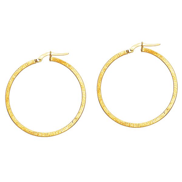 14k yellow gold large thin hoop earrings with textured sides to earrings Hudson Valley Goldsmith New Paltz, NY