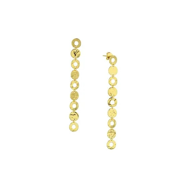 14K yellow Gold Alt Textuted Disk & Circle Drop Earrings Hudson Valley Goldsmith New Paltz, NY