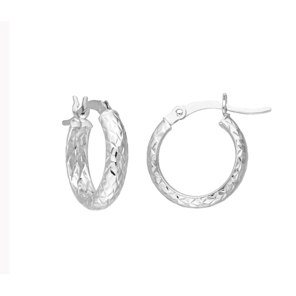 14K White Gold Diamond Cut Hoop Earrings Hudson Valley Goldsmith New Paltz, NY