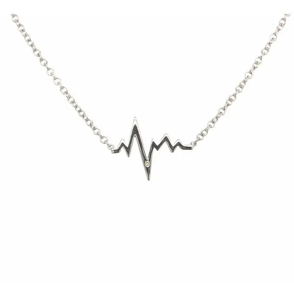 Sterling Silver stationary necklace featuring heart beat design and flush set diamond accent. the necklace measures 16-18