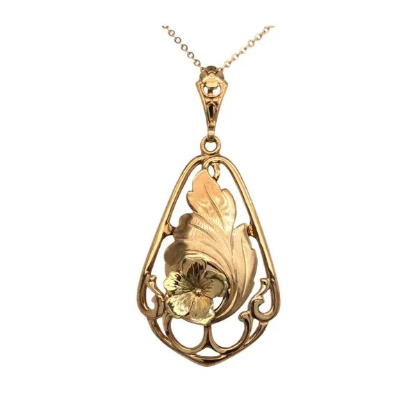 ESTATE 10k yellow/rose vintage tone necklace featuring floral tear drop shape pendant and cable chain Hudson Valley Goldsmith New Paltz, NY