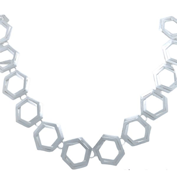 Double Link Hexagon Necklace Brushed Sterling Silver Hudson Valley Goldsmith New Paltz, NY