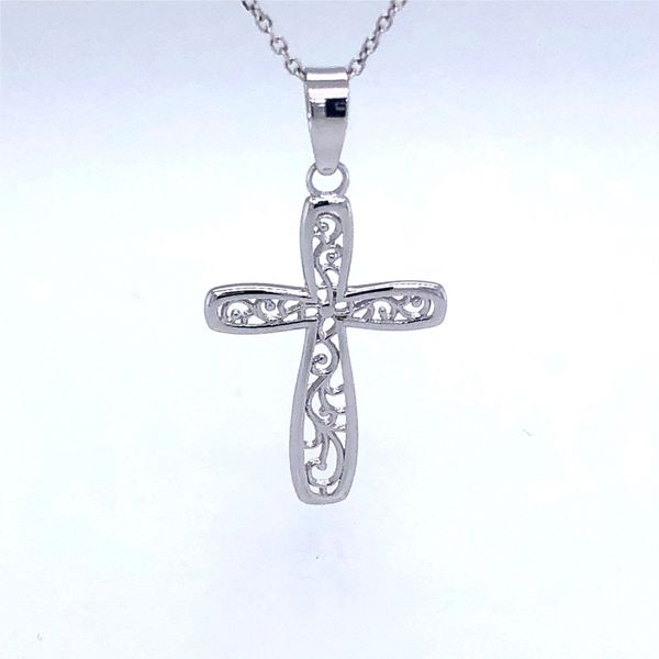 14k white gold cross featuring open vine scroll design along the center 14k white gold cross featuring open vine scroll design a Hudson Valley Goldsmith New Paltz, NY