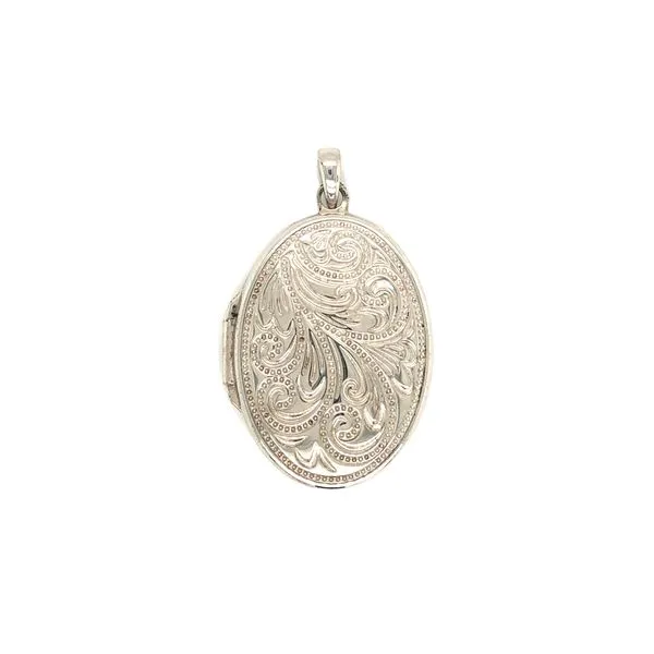 Sterling silver oval locket featuring swirl milgrain design 25x19mm oval shape Hudson Valley Goldsmith New Paltz, NY