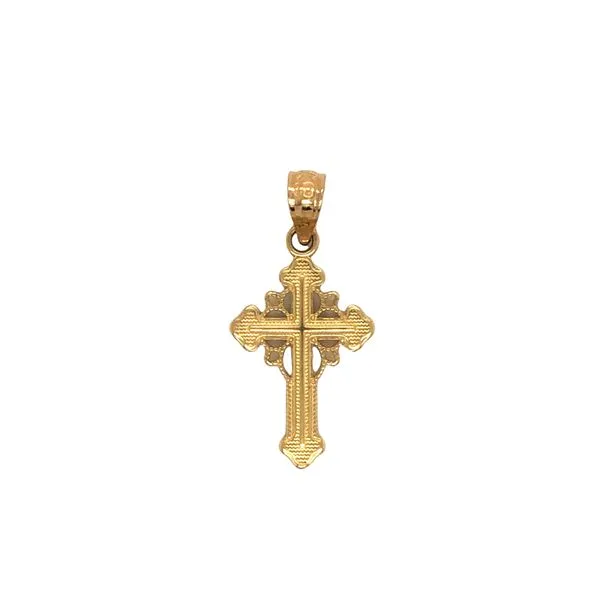 14k yellow gold flat profile cross featuring open design work and beautiful finishing textures Hudson Valley Goldsmith New Paltz, NY