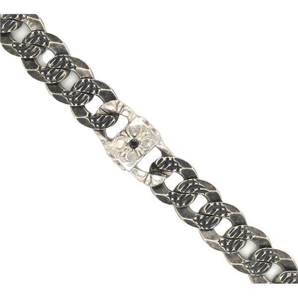 Sterling Silver Oxidized Textured Curb Bracelet with Black Diamond Charm Hudson Valley Goldsmith New Paltz, NY