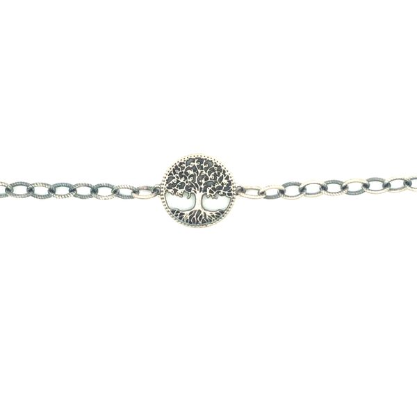 Sterling silver with brushed patina finish textured oval bracelet with our tree of life design centered 7.25