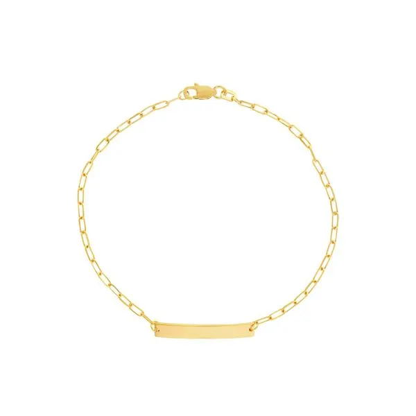 This 14K Yellow Gold Kid's ID Bracelet is a charming piece for children. It features a 6-inch long anchor chain with a small ID plate for engraving (up to 12 characters). Crafted from 14K yellow gold, this bracelet is a precious metal accessory that is bo Hudson Valley Goldsmith New Paltz, NY