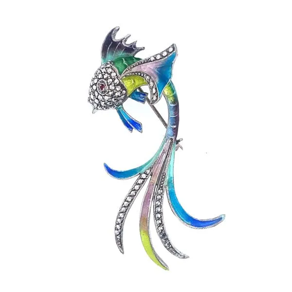 ESTATE Sterling silver brooch with a colorful jumping fish design. The brooch features German glass enamel and marcasite gems. E Hudson Valley Goldsmith New Paltz, NY