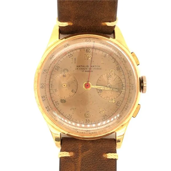 18K Yellow Gold Natalis Watch Co. Manual Wind 17 Jewel Swiss Movement Chronograph On Leather Strap. Circa 1940 Hudson Valley Goldsmith New Paltz, NY