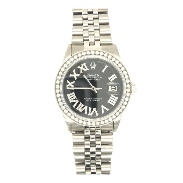 ROLEX 36mm Stainless Steel ref. 1601/6R Custom aftermarket 1.25ctw diamond bezel, 0.20ctw roman numerals with black dial. sapphi Hudson Valley Goldsmith New Paltz, NY