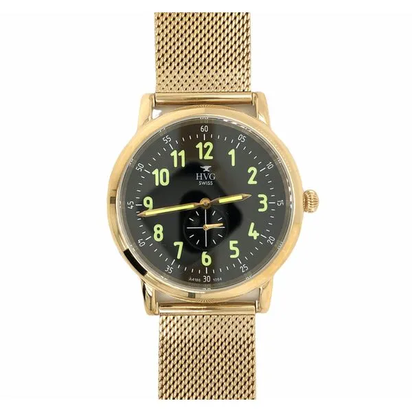 Yellow Stainless watch featuring mesh strap, black face, 40mm. water resistant up to 5ATM Hudson Valley Goldsmith New Paltz, NY