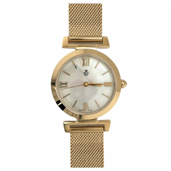 HVG yellow stainless ladies watch featuring mesh strap, mother of pearl face. Water resistant 3ATM and sapphire crystal. HVG yel Hudson Valley Goldsmith New Paltz, NY