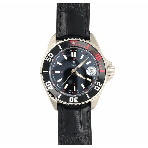 HVG ladies black/red face with magnified date, black leather strap and rotating bezel. Water resistant 3 ATM, sapphire crystal. Hudson Valley Goldsmith New Paltz, NY