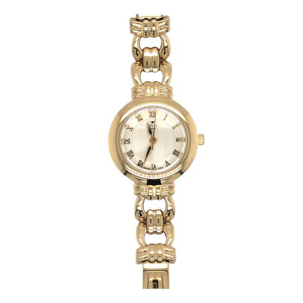 HVG yellow tone ladies bracelet style watch, sapphire crystal and roman numeral white face. HVG yellow tone ladies bracelet styl Hudson Valley Goldsmith New Paltz, NY