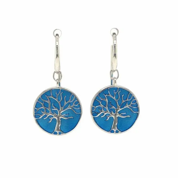 Sterling silver fire glass enamel (blue) tree of life earrings Hudson Valley Goldsmith New Paltz, NY