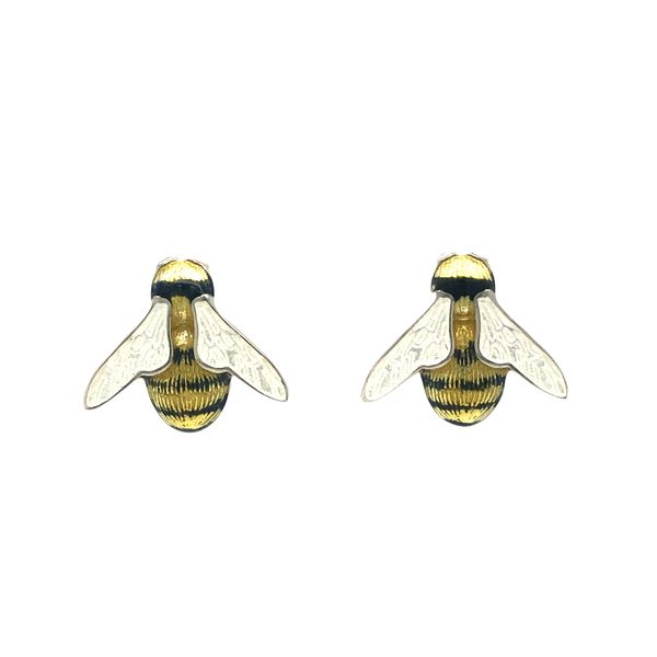 Sterling silver fire glass enamel bumble bee design post earrings Hudson Valley Goldsmith New Paltz, NY
