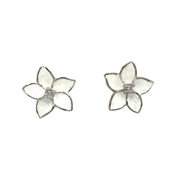 Sterling silver fire glass enamel floral design post earrings with white sapphire gemstone center Sterling silver fire glass ena Hudson Valley Goldsmith New Paltz, NY