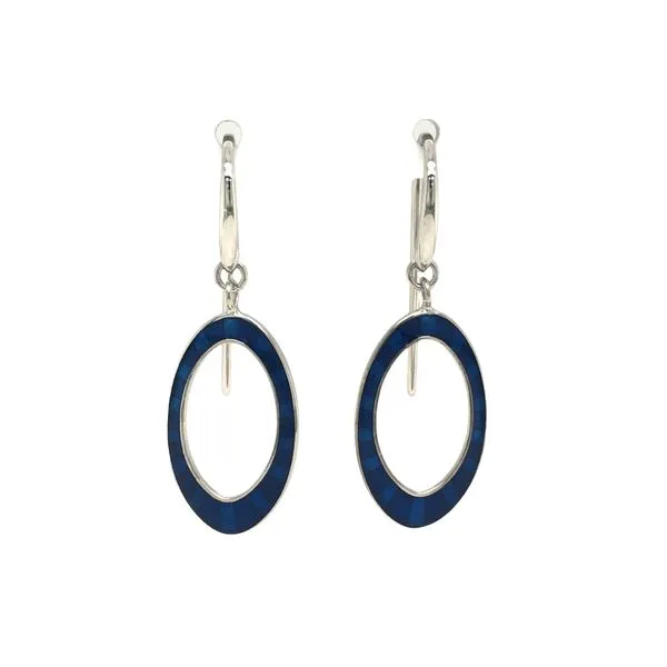 Sterling silver fire glass enamel (blue) open work oval earrings with wire earring components Hudson Valley Goldsmith New Paltz, NY
