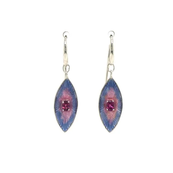Sterling silver fire glass enamel (purple) elongated earring design set with oval rhodolite garnet gemstones on wire earring com Hudson Valley Goldsmith New Paltz, NY