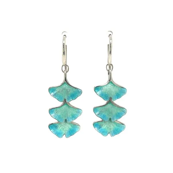 Sterling silver fire glass enamel (blue) three tiered swaying design earrings on wire components Sterling silver fire glass enam Hudson Valley Goldsmith New Paltz, NY