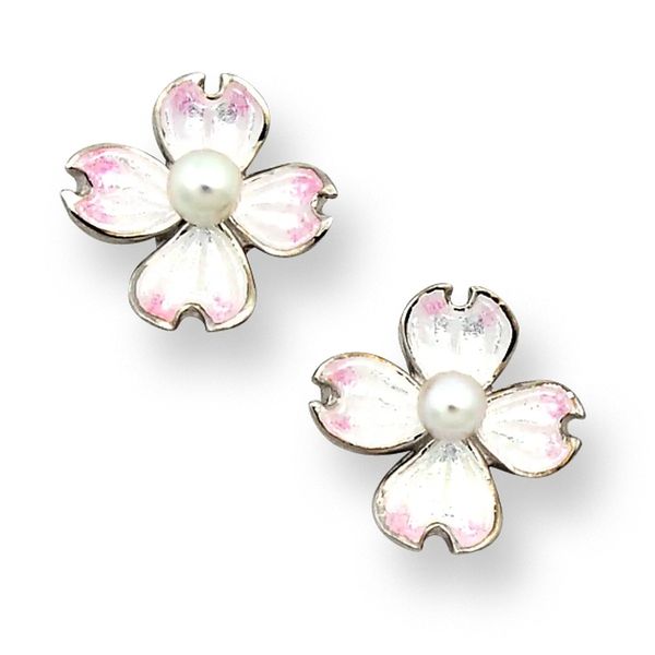 Sterling Silver Pink Enamel Akoya Pearl Flower Earrings Hudson Valley Goldsmith New Paltz, NY