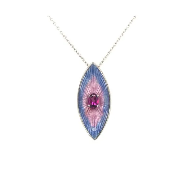 Sterling silver fire glass enamel pendant featuring an oval Rhodolite garnet gemstone with an adjustable 18