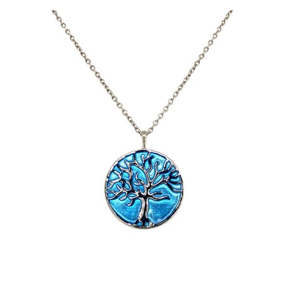 Sterling silver fire glass enamel (blue) tree of life pendant on an adjustable 18