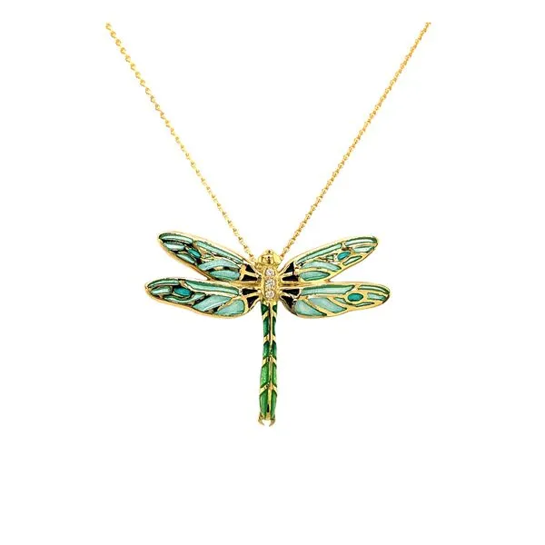 18k yellow gold fire glass enamel pendant in a dragonfly design accented with round brilliant diamonds includes 18k yellow gold  Hudson Valley Goldsmith New Paltz, NY