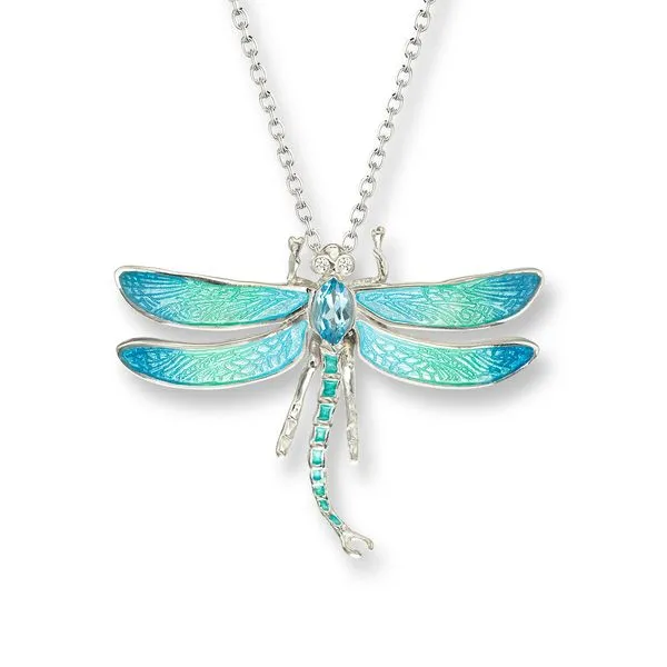 Enamel Necklace Blue Dragonfly Necklace.Sterling Silver-White Sapphire and Blue Topaz Hudson Valley Goldsmith New Paltz, NY