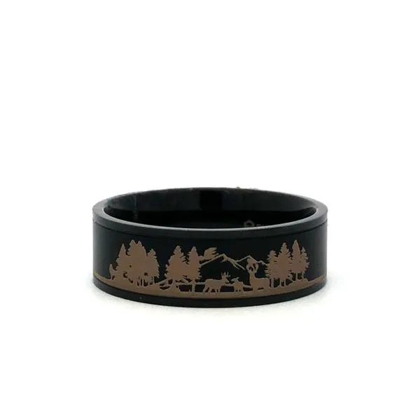 WOLFGANG Black Titanium Forest with Deer Engraved Ring Hudson Valley Goldsmith New Paltz, NY