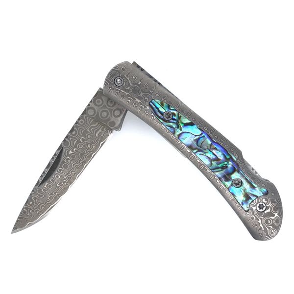 Damascus pocket knife lock back featuring Abalone Inlay 3