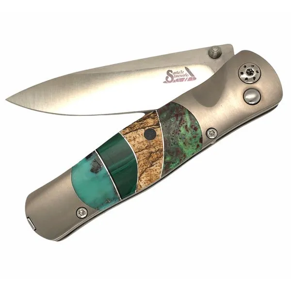 Custom pocket knife featuring spalted beech, turquiose, malachite, and azurite on both sides. 3 inch kinfe blade with a clip on  Hudson Valley Goldsmith New Paltz, NY