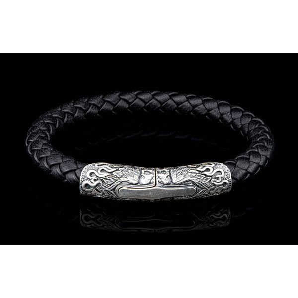 RAMBLE ON SILVER & BLACK BRACELET - LG sterling silver magnetic clasp with a secure closure on custom braided leather. Rendered  Hudson Valley Goldsmith New Paltz, NY