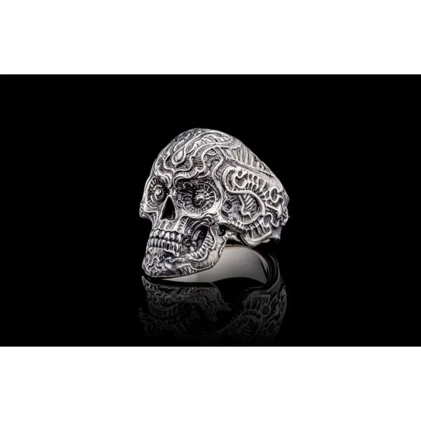 CALAVERA - 11 ‘sugar skull’ l ring, sterling silver, with our hallmark patina finish on the outside and a flawless mirror fi Hudson Valley Goldsmith New Paltz, NY