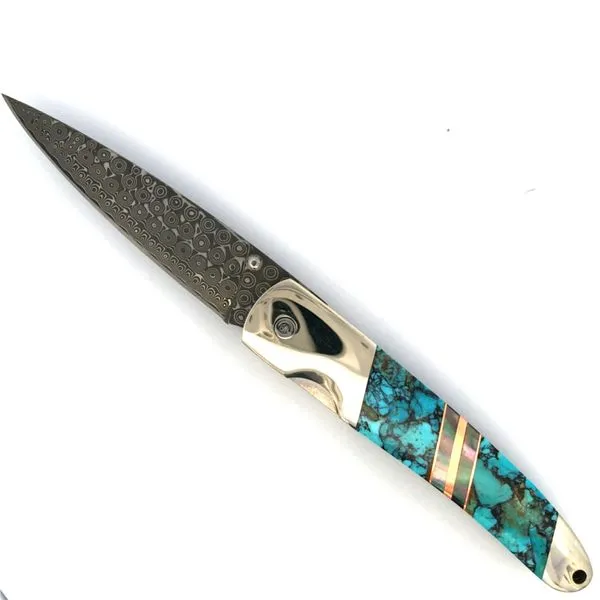 Blue/Green Turquoise Damascus Knife Image 2 Hudson Valley Goldsmith New Paltz, NY