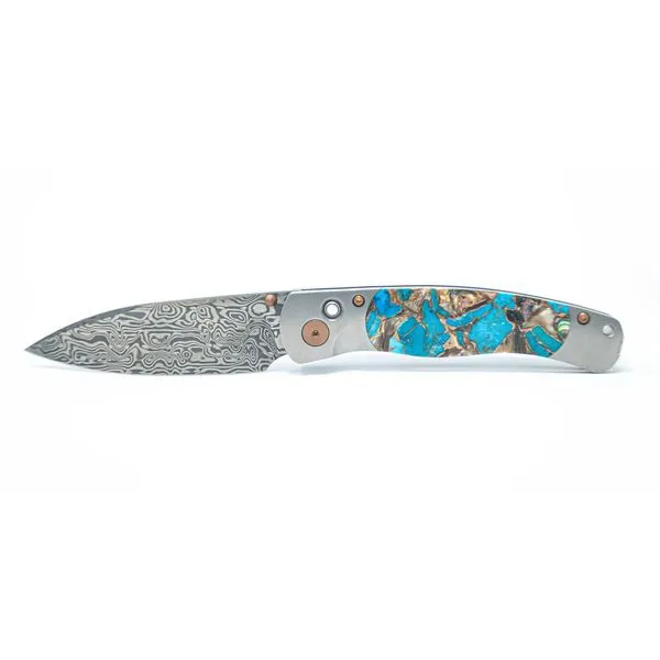 "TBA" Button lock Custom Knife with Bifrost Damascus Steel Blade Hudson Valley Goldsmith New Paltz, NY