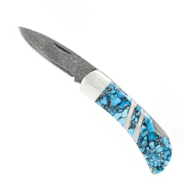 Damascus Bonita Blue Turquoise Nugget Lockback Knife Hudson Valley Goldsmith New Paltz, NY