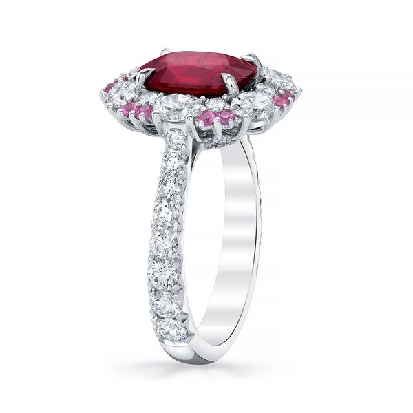 Oval Ruby Ring with Diamonds and Pink Sapphires Image 2 Huffords Jewelry Frontenac, MO