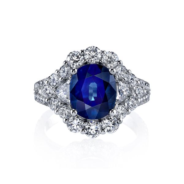 Oval Sapphire Ring with Diamond Halo Huffords Jewelry Frontenac, MO